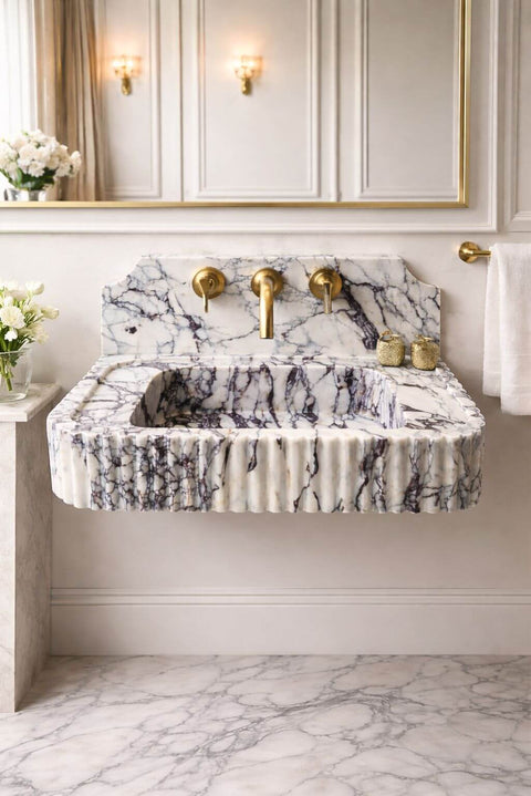 Calacatta Viola Marble Sink – Hand Carved Wall Mounted Basin