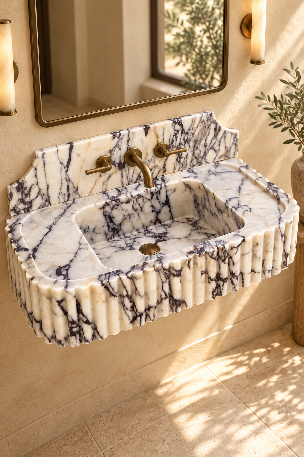 Elegant Calacatta Viola marble sink with dramatic purple veining, creamy white background and decorative curved backsplash in a luxury bathroom.