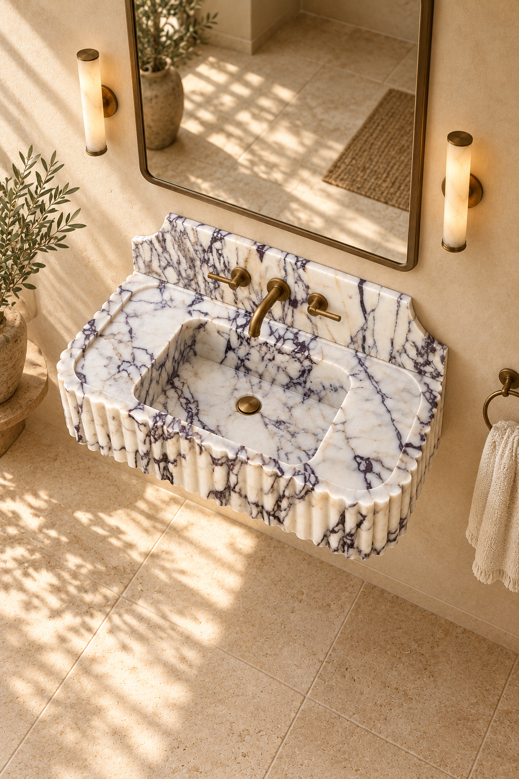 Wall mounted Calacatta Viola marble bathroom sink with polished stone surface, fluted front and sophisticated Mediterranean bathroom design.