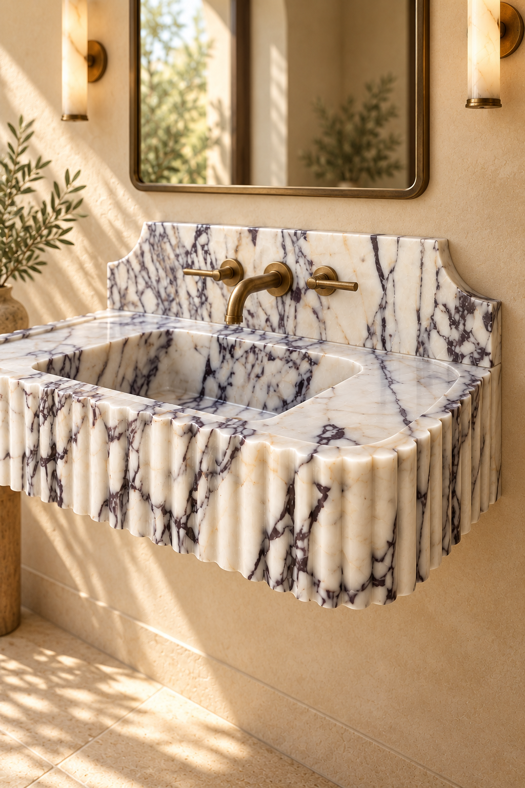Close up of Calacatta Viola marble sink highlighting sculpted vertical fluting, distinctive purple veining and premium natural stone craftsmanship.