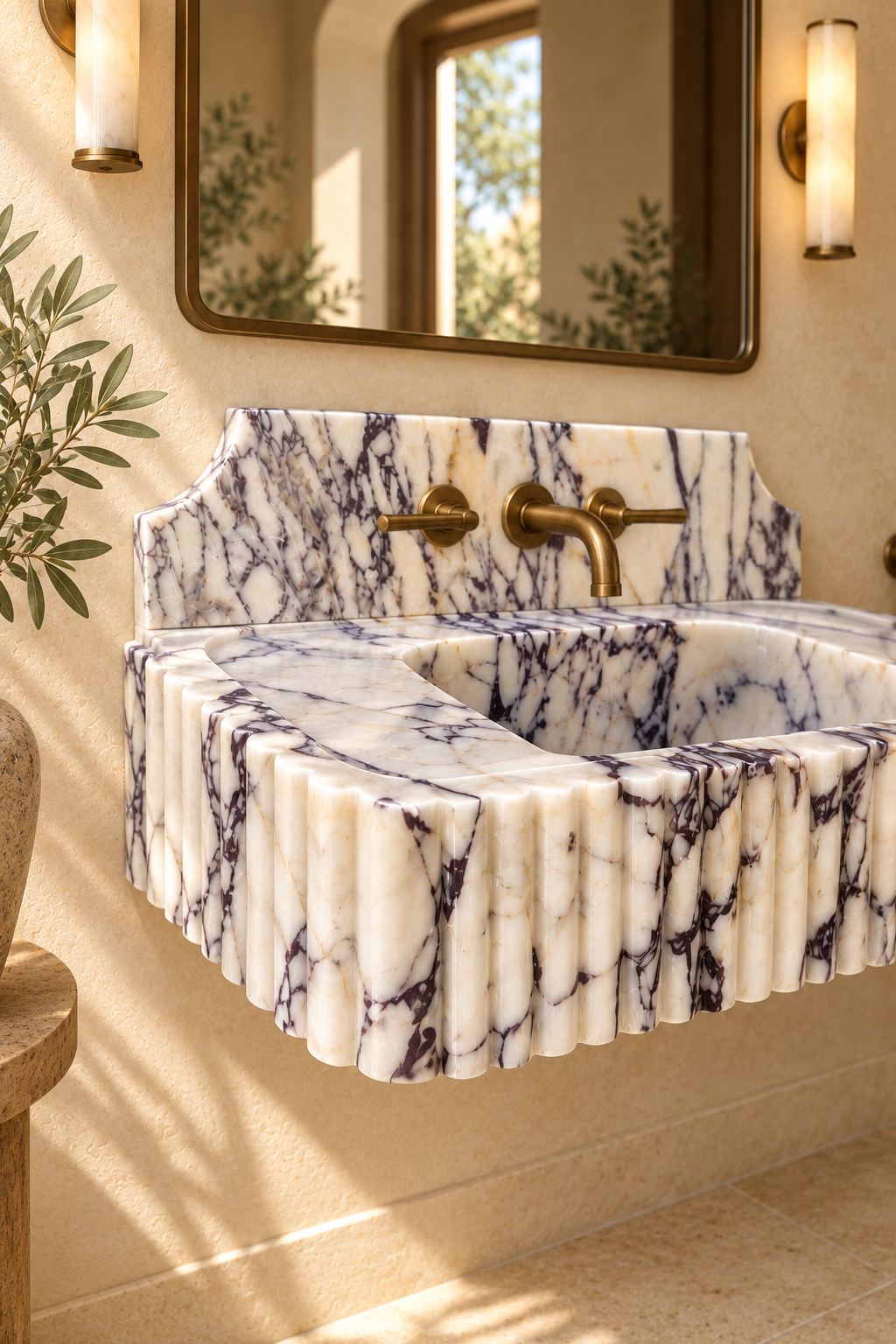 Custom Calacatta Viola fluted bathroom sink with integrated rectangular basin, curved marble backsplash and polished marble countertop.