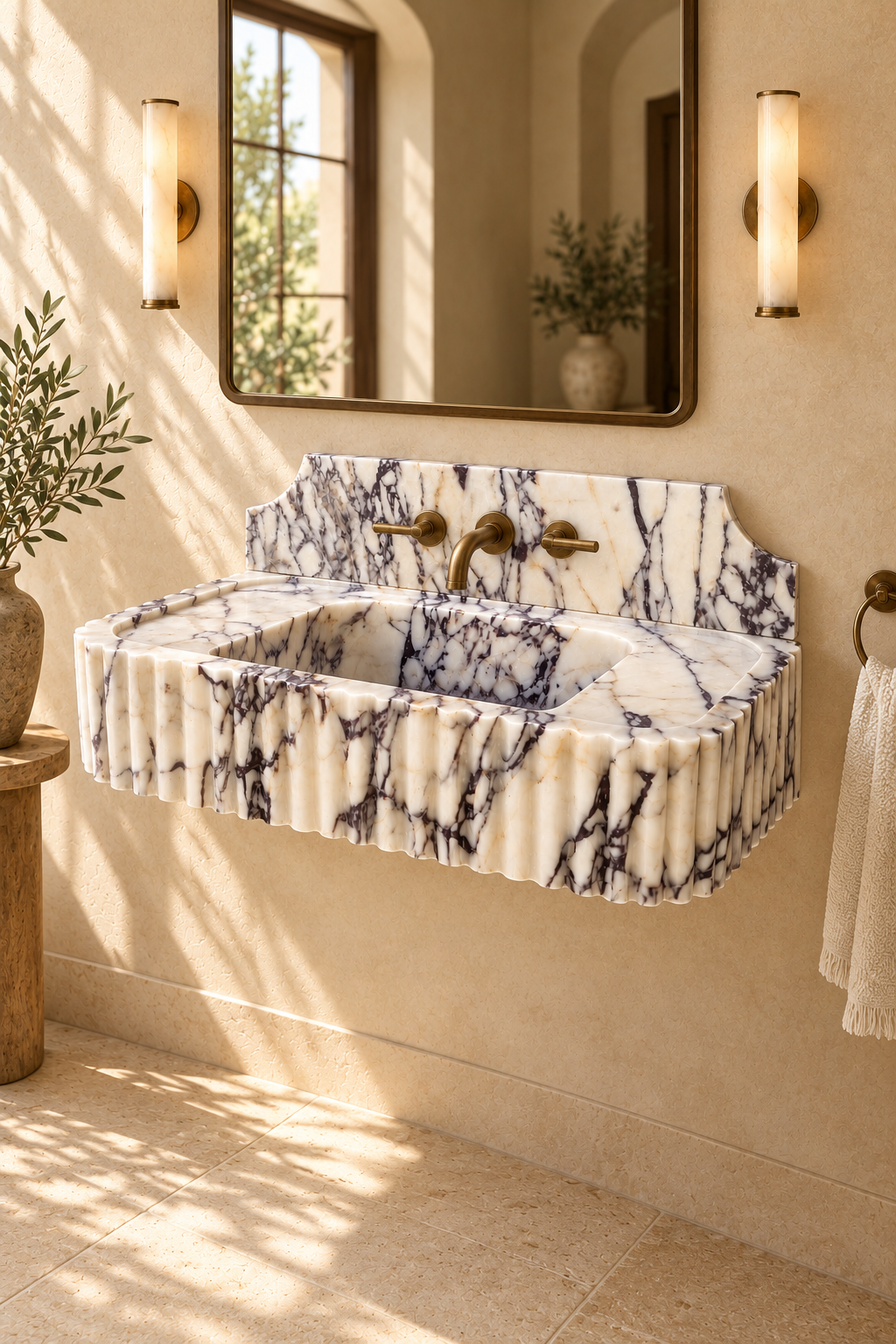 Luxury floating marble vanity sink featuring Calacatta Viola natural stone, intricate burgundy veins and three piece wall mounted brass faucet.