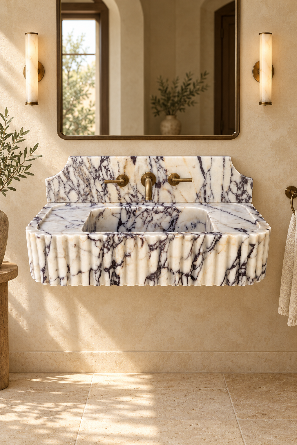 Luxury Calacatta Viola marble fluted wall mounted sink with curved backsplash, natural burgundy veining and brushed gold faucet.