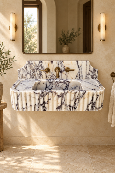 Luxury Calacatta Viola marble fluted wall mounted sink with curved backsplash, natural burgundy veining and brushed gold faucet.