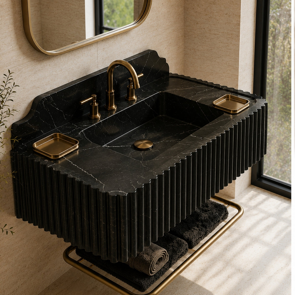 Taurus Black Marble Wall Mounted Sink – Fluted Floating Vanity with Backsplash