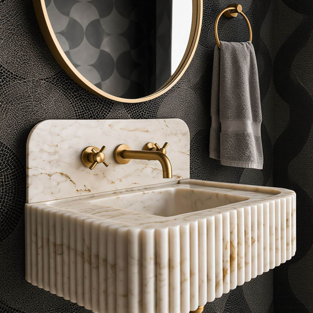 Angled top view of a Calacatta Gold marble sink showing the basin opening, rear deck, thick rim, and natural stone pattern.