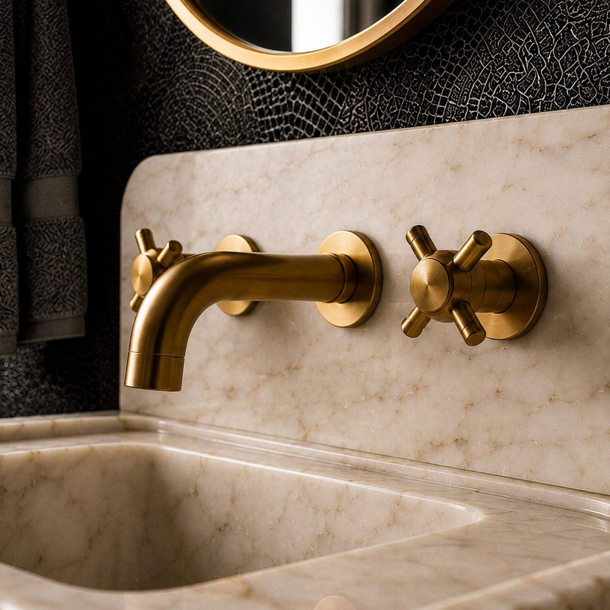 Calacatta Gold marble sink viewed from above and slightly to the front, showing the basin shape and fluted exterior below.