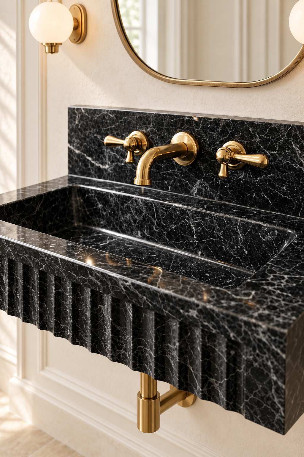 Handcrafted black marble sink featuring carved vertical fluting and polished stone edges.