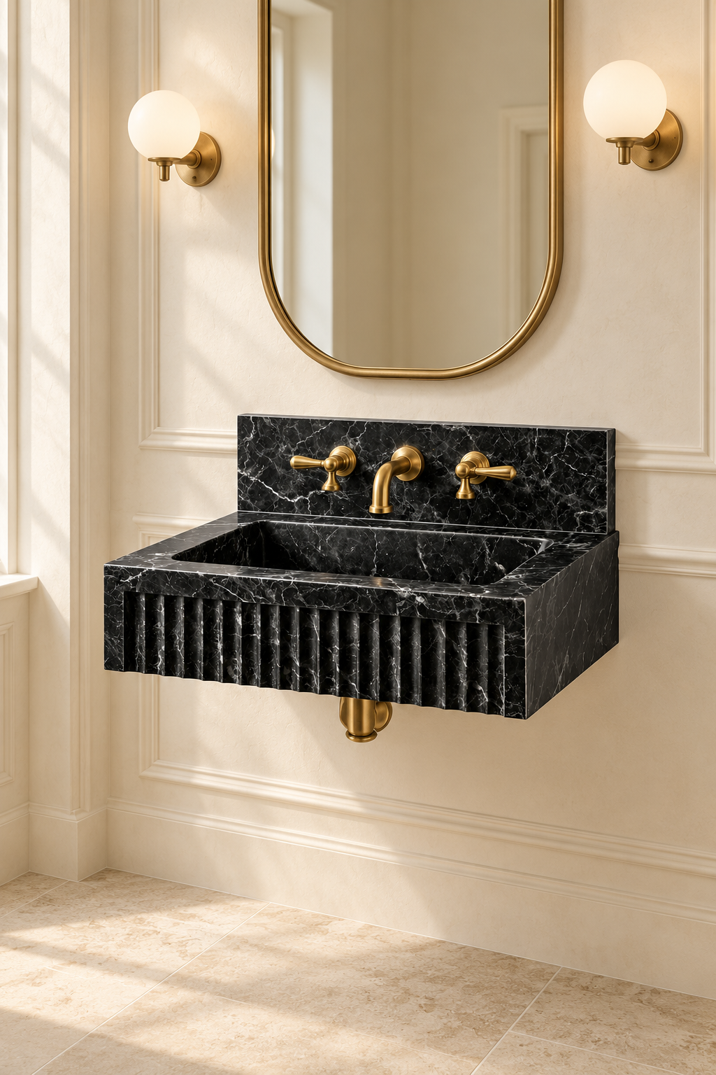Floating black marble bathroom sink with white veining and an integrated rectangular basin.