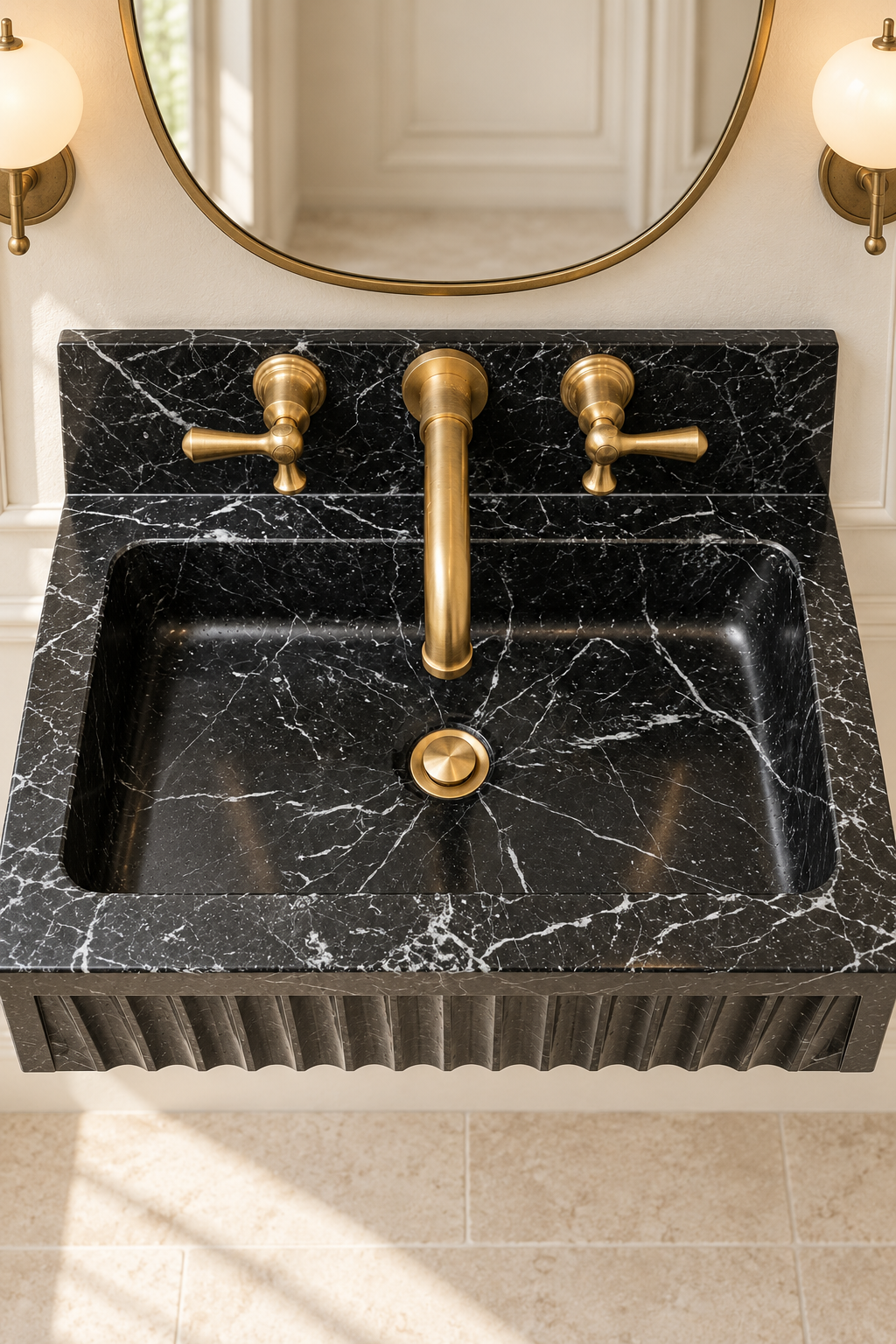 Floating black marble sink in a warm classic bathroom with cream walls and brass fixtures.