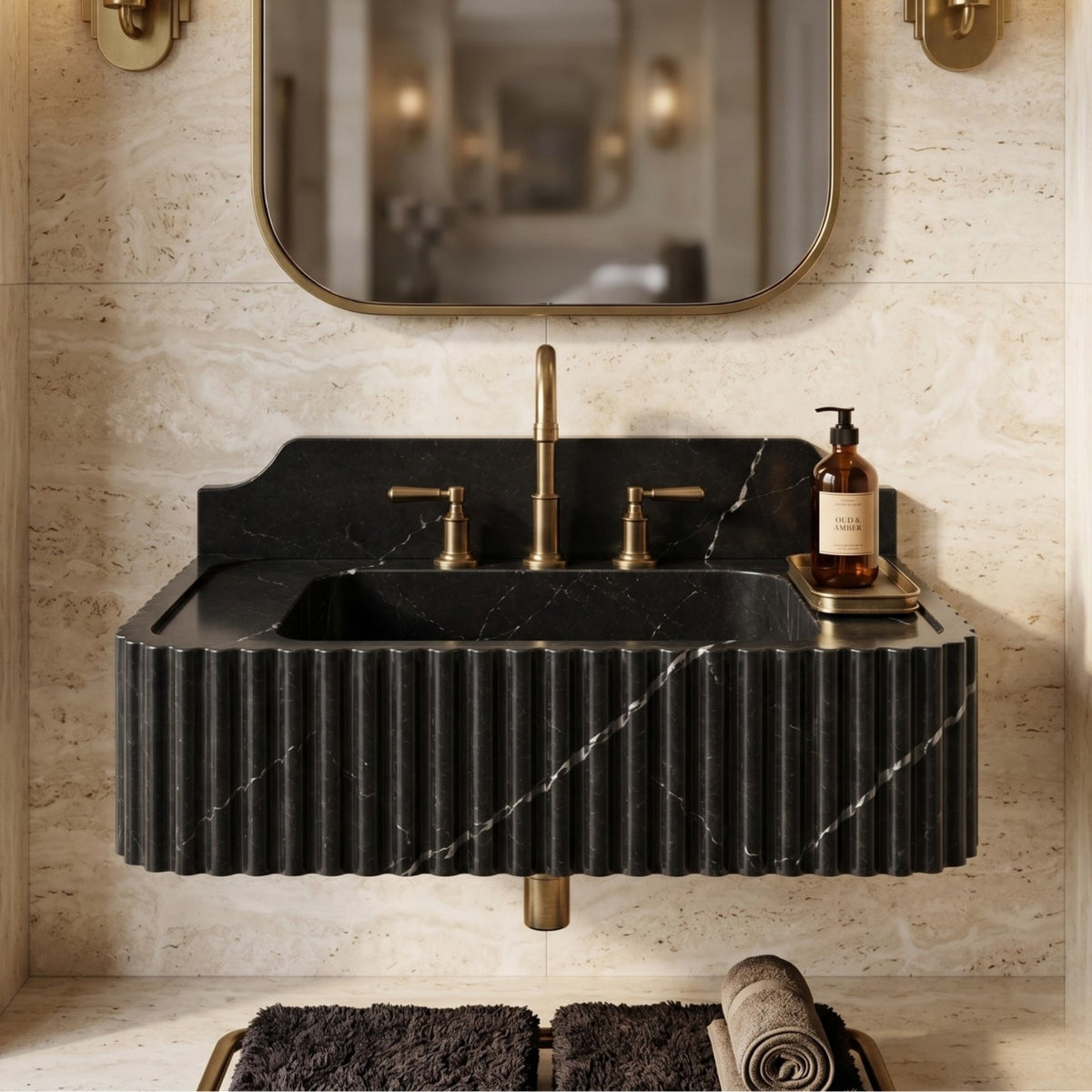 Taurus Black Marble Wall Mounted Sink – Fluted Floating Vanity with Backsplash