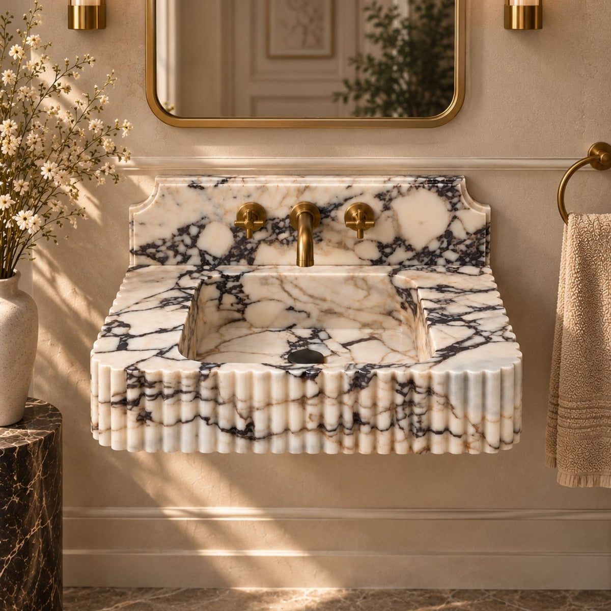 Calacatta Viola fluted wall-mounted marble sink with decorative backsplash and brass faucet