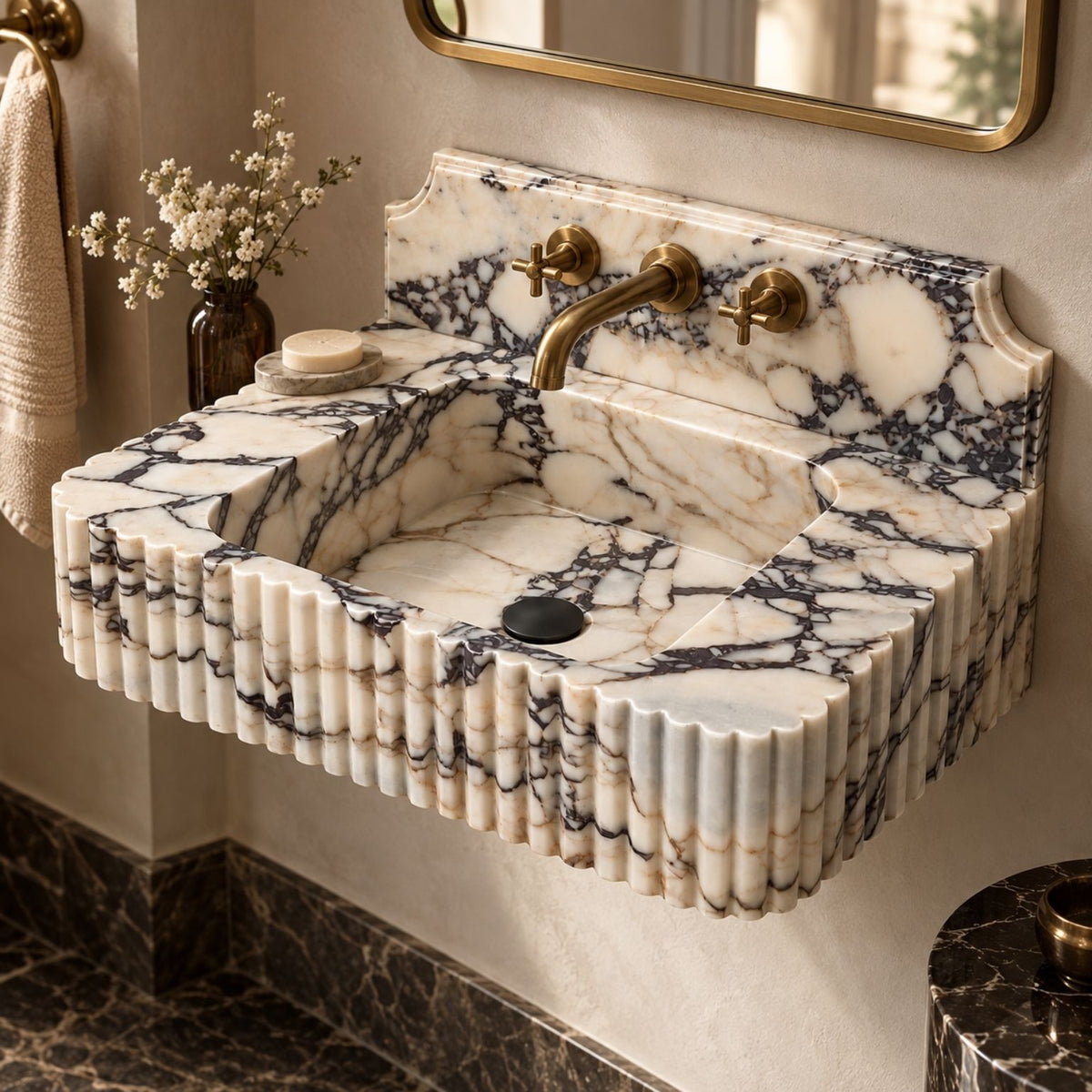 Handcrafted natural stone sink with rectangular bowl and dramatic Viola veining