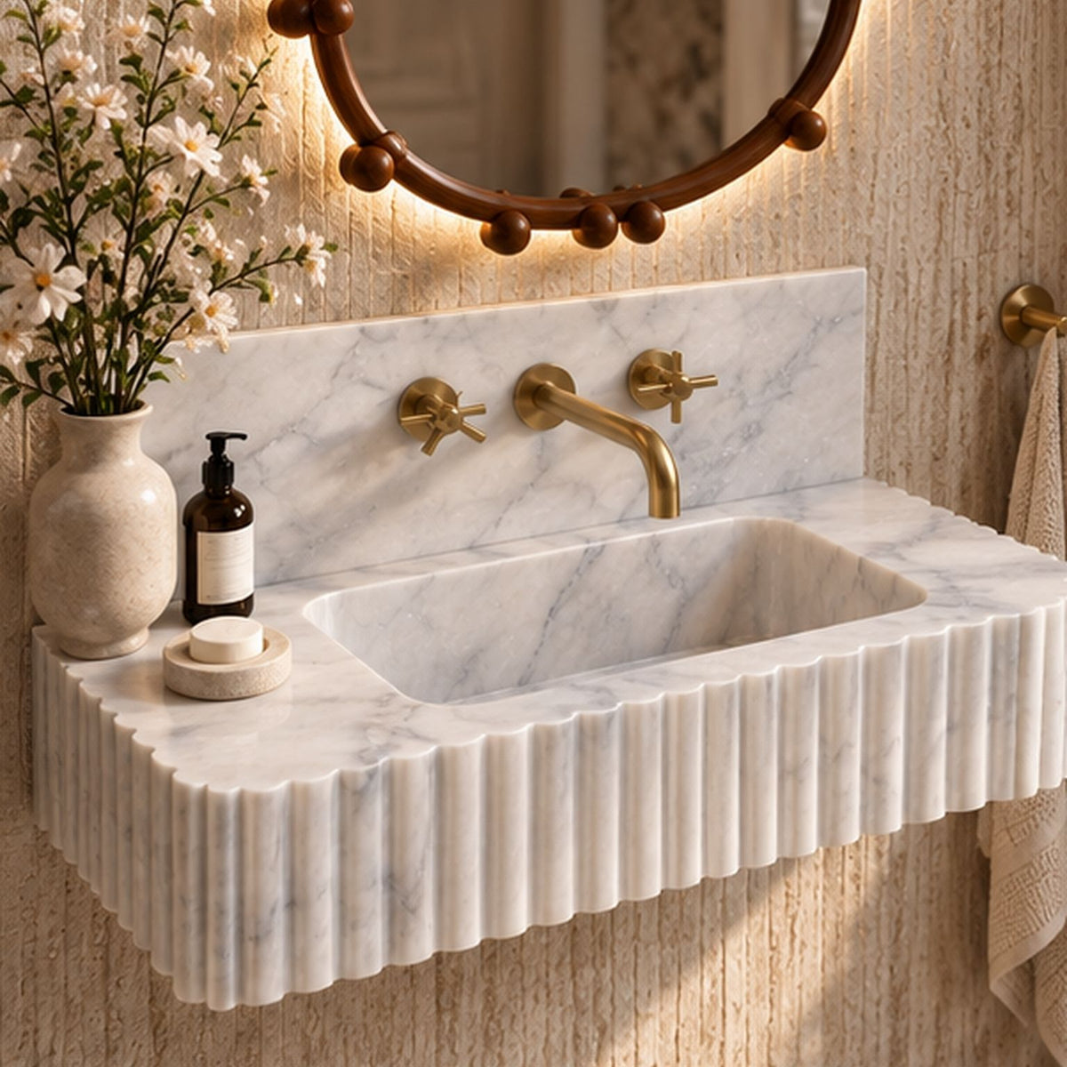 Carrara White floating marble vanity with integrated basin