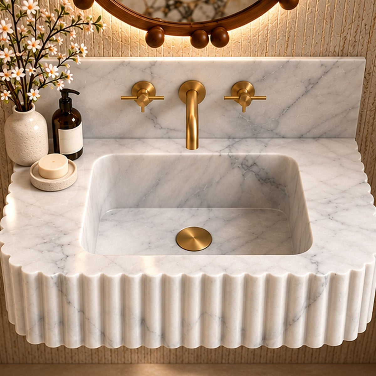 Fluted Carrara marble sink for modern luxury bathroom