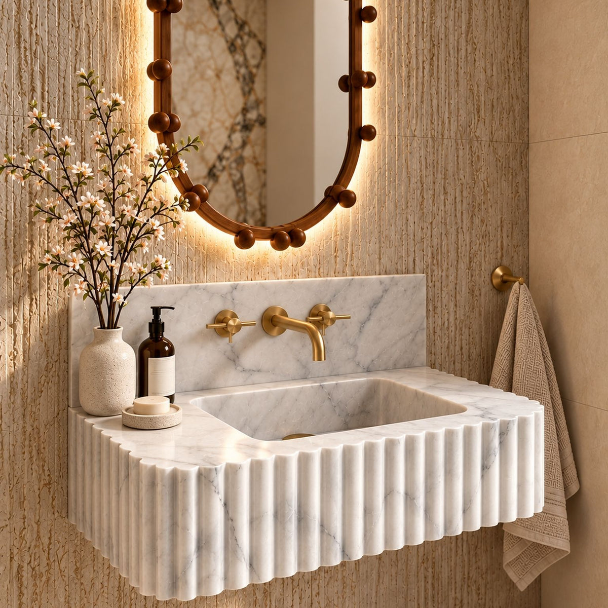 ribbed marble bathroom sink with floating design