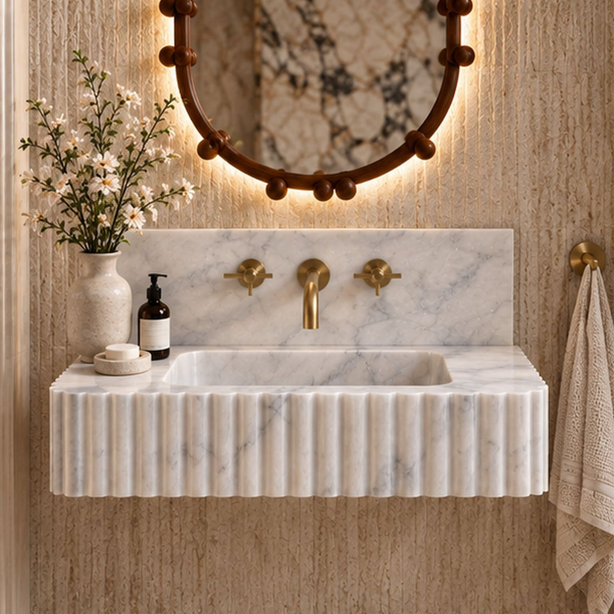 Carrara White marble vanity sink with sculpted vertical fluting