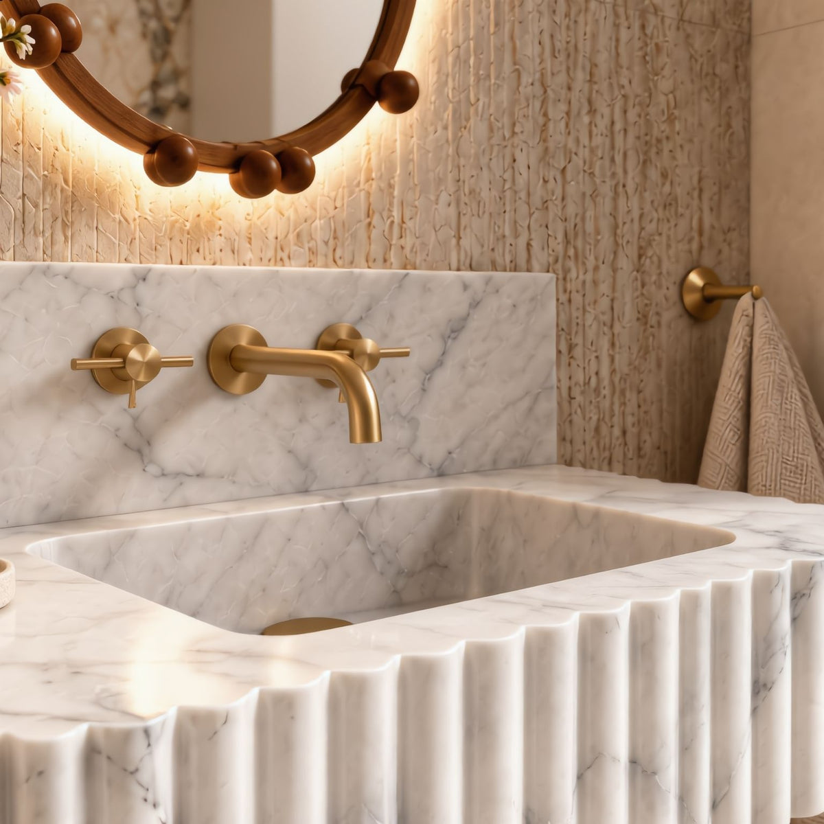 Custom Carrara marble wall hung sink with integrated basin