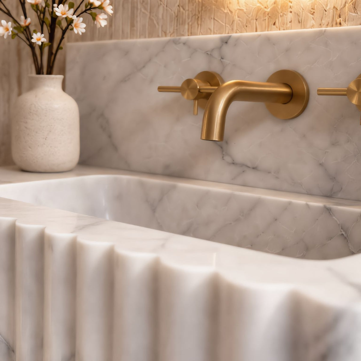 Handcrafted Carrara White marble sink for powder room