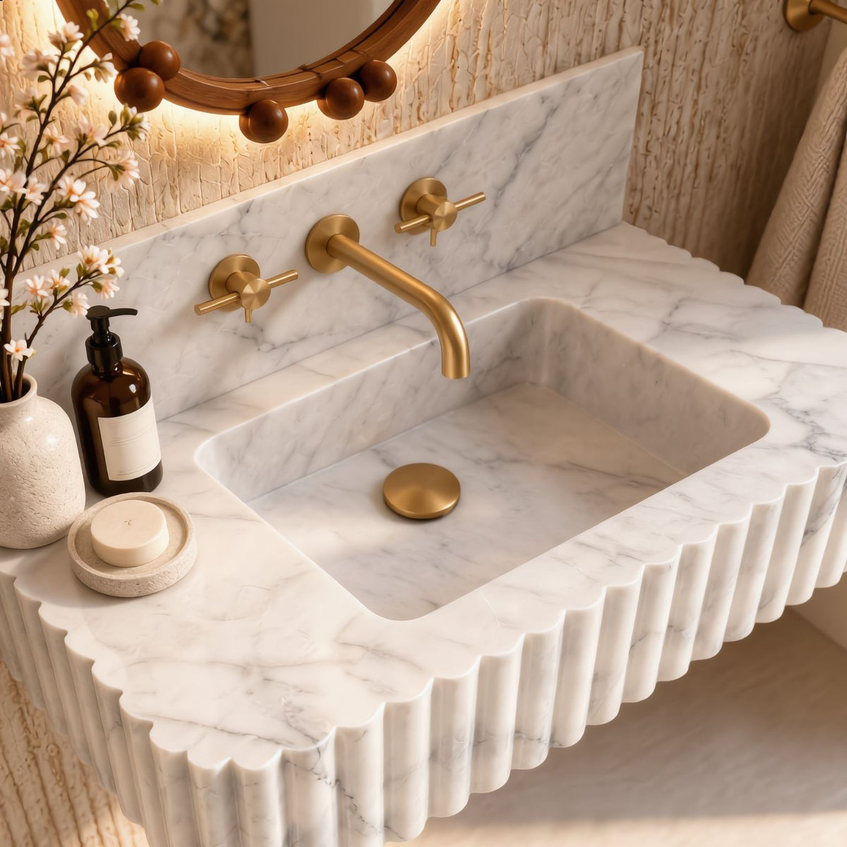 Carrara marble wall mounted vanity with custom backsplash