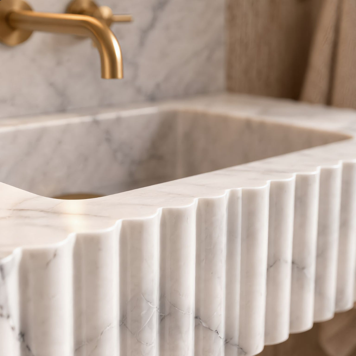 natural stone sink with ribbed marble exterior