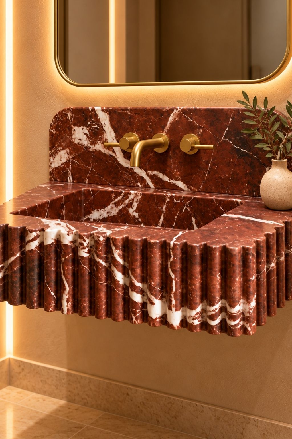 Solid natural Rosso Levanto marble washbasin with integrated sink and dramatic burgundy and white veining