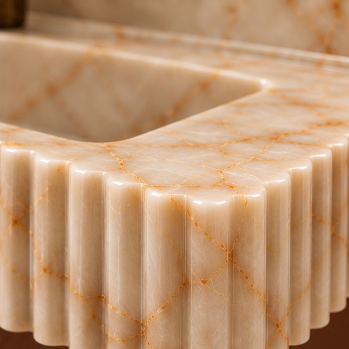 Handcrafted Calacatta Viola marble floating vanity sink with ribbed front and side detailing