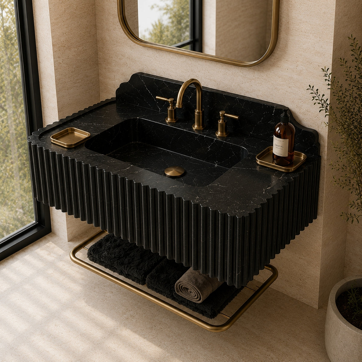 Taurus Black Marble Wall Mounted Sink – Fluted Floating Vanity with Backsplash