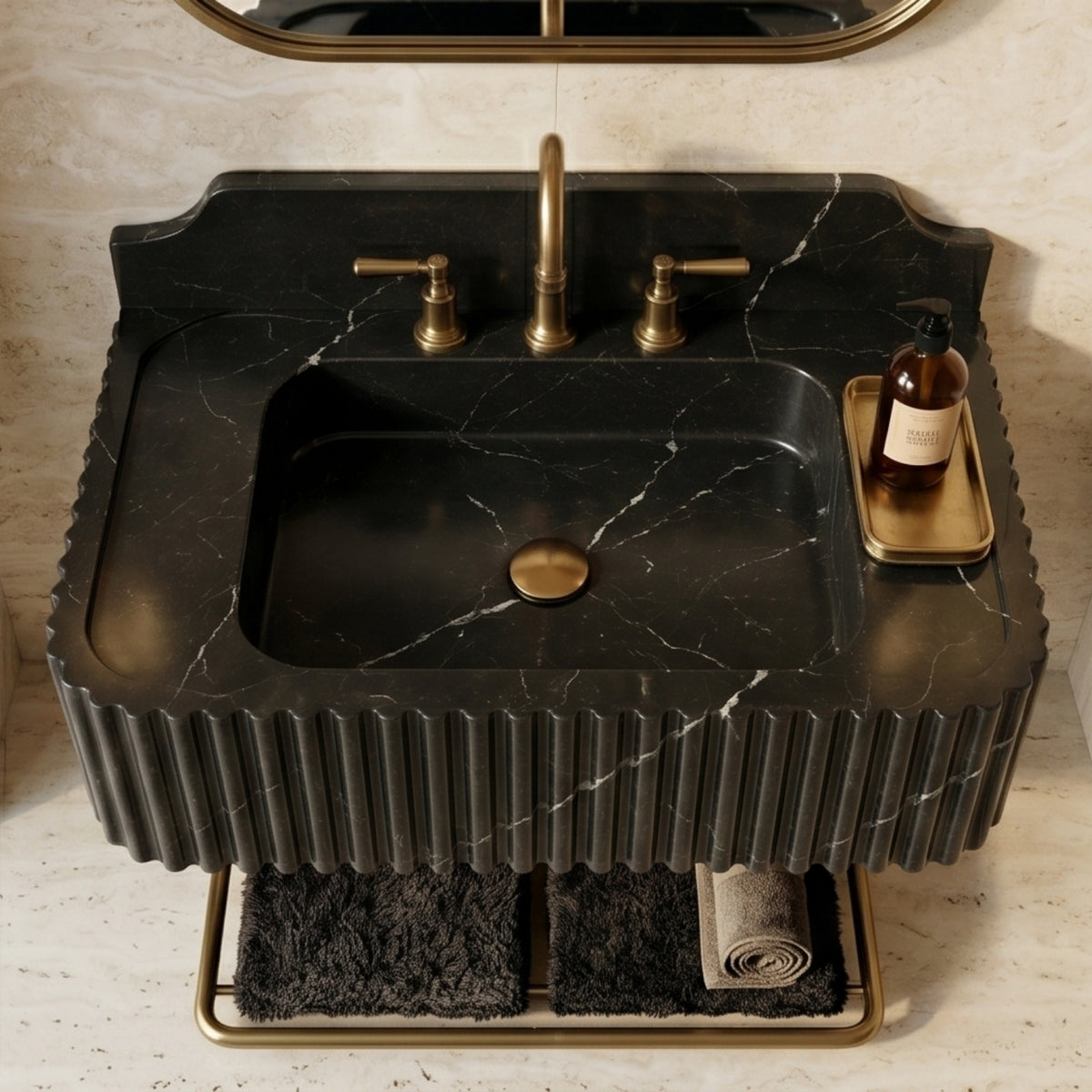 Taurus Black Marble Wall Mounted Sink – Fluted Floating Vanity with Backsplash