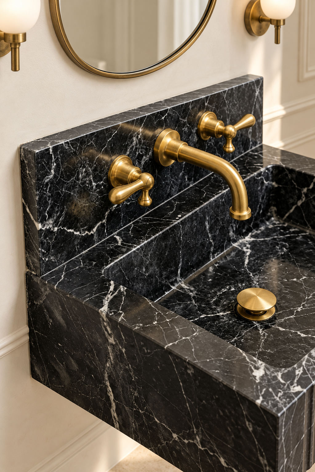 Fluted black marble vanity with a brass faucet mounted on a straight marble backsplash.