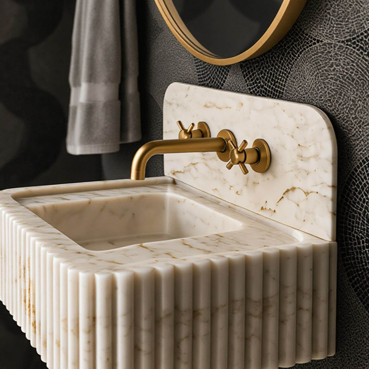 Front view of a fluted Calacatta Gold marble sink with a rectangular matching backsplash positioned behind the basin.