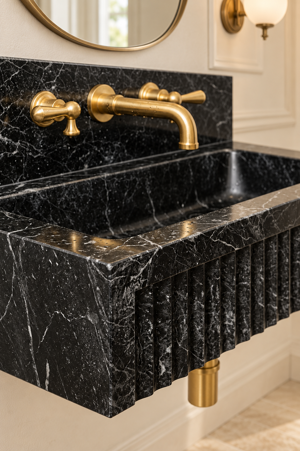 Black marble powder room sink beneath an oval brass mirror between two wall sconces.