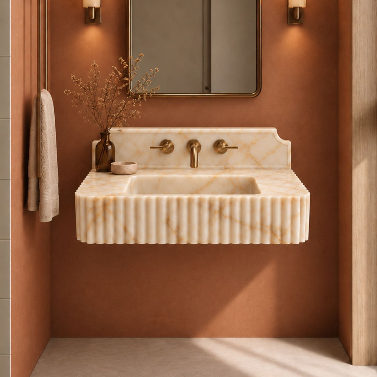 Calacatta Viola marble wall-mounted fluted sink with decorative backsplash and three-hole faucet design