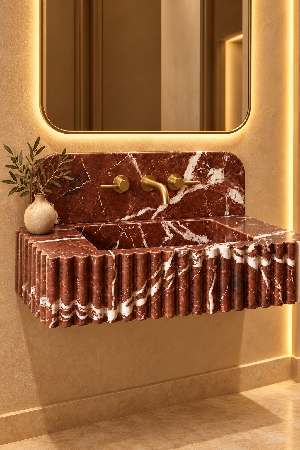 designer marble sink with draped fabric inspired fluting and luxurious red natural stone finish