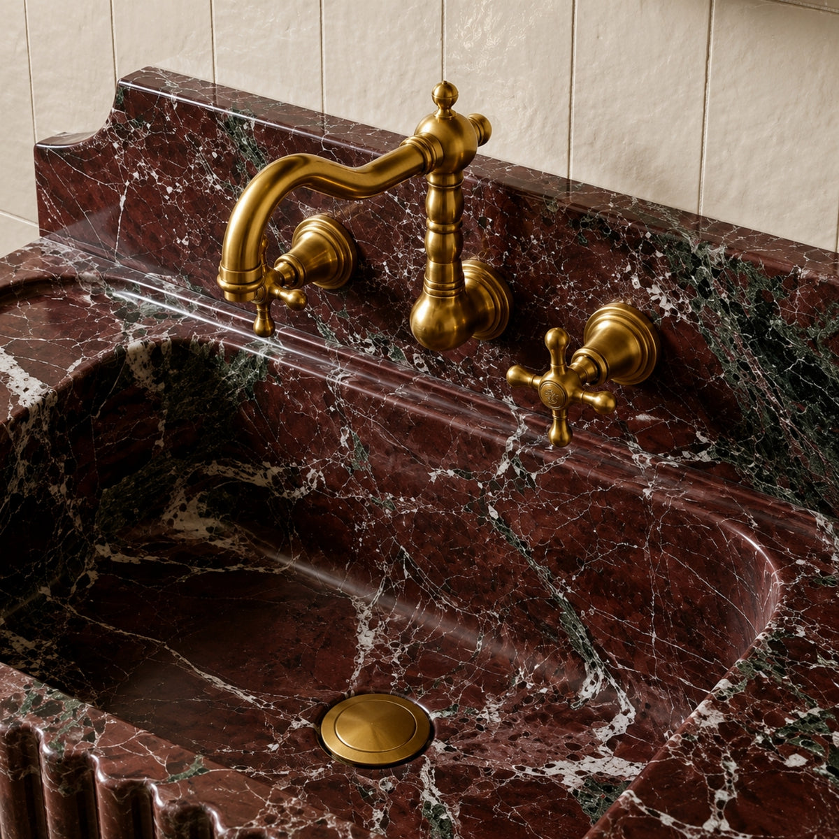 Rosso Levanto Marble Wall Mounted Sink – Fluted Floating Vanity with Backsplash