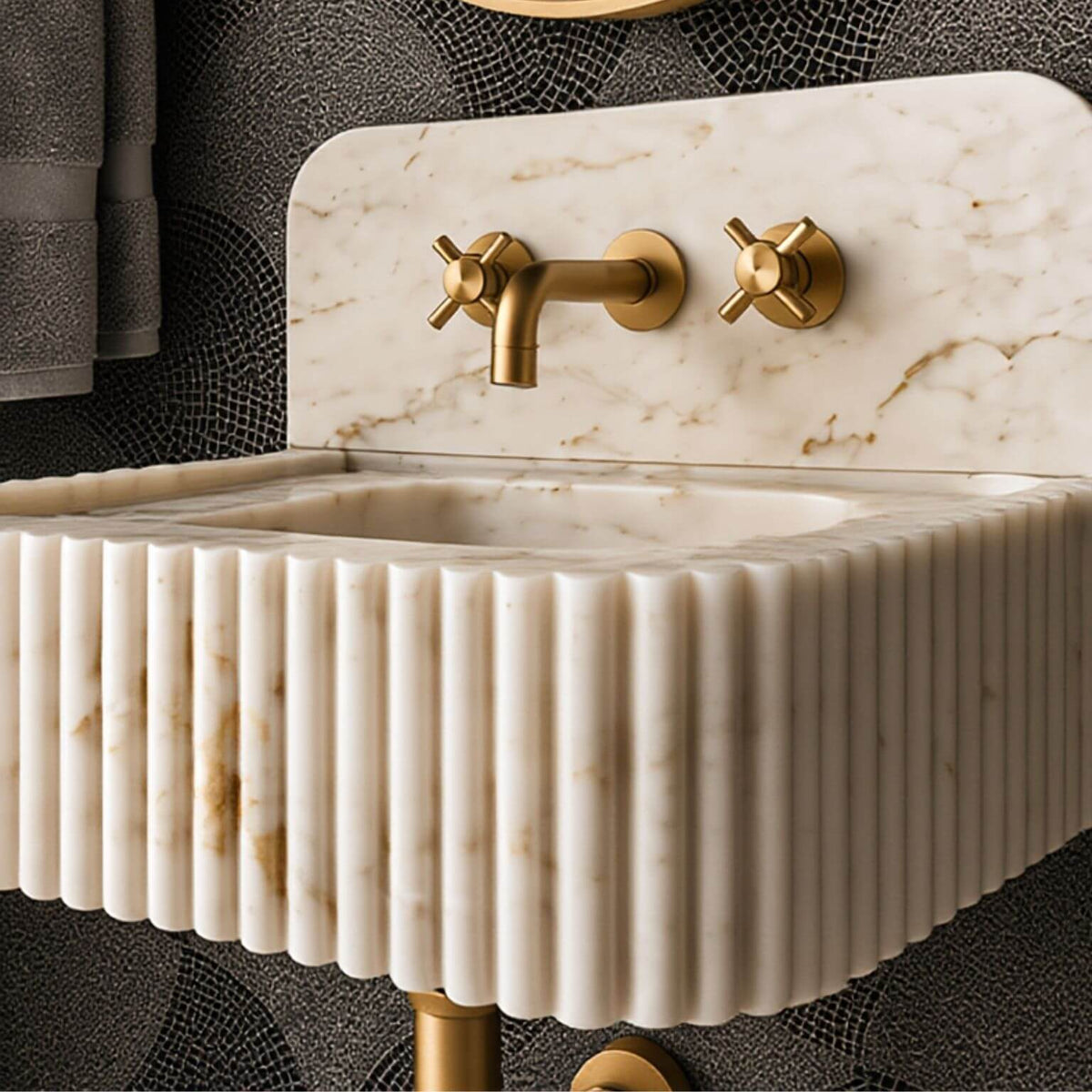 Calacatta Gold marble basin with matching backsplash, showing the fluted front, wide rim, and natural variations in the marble.