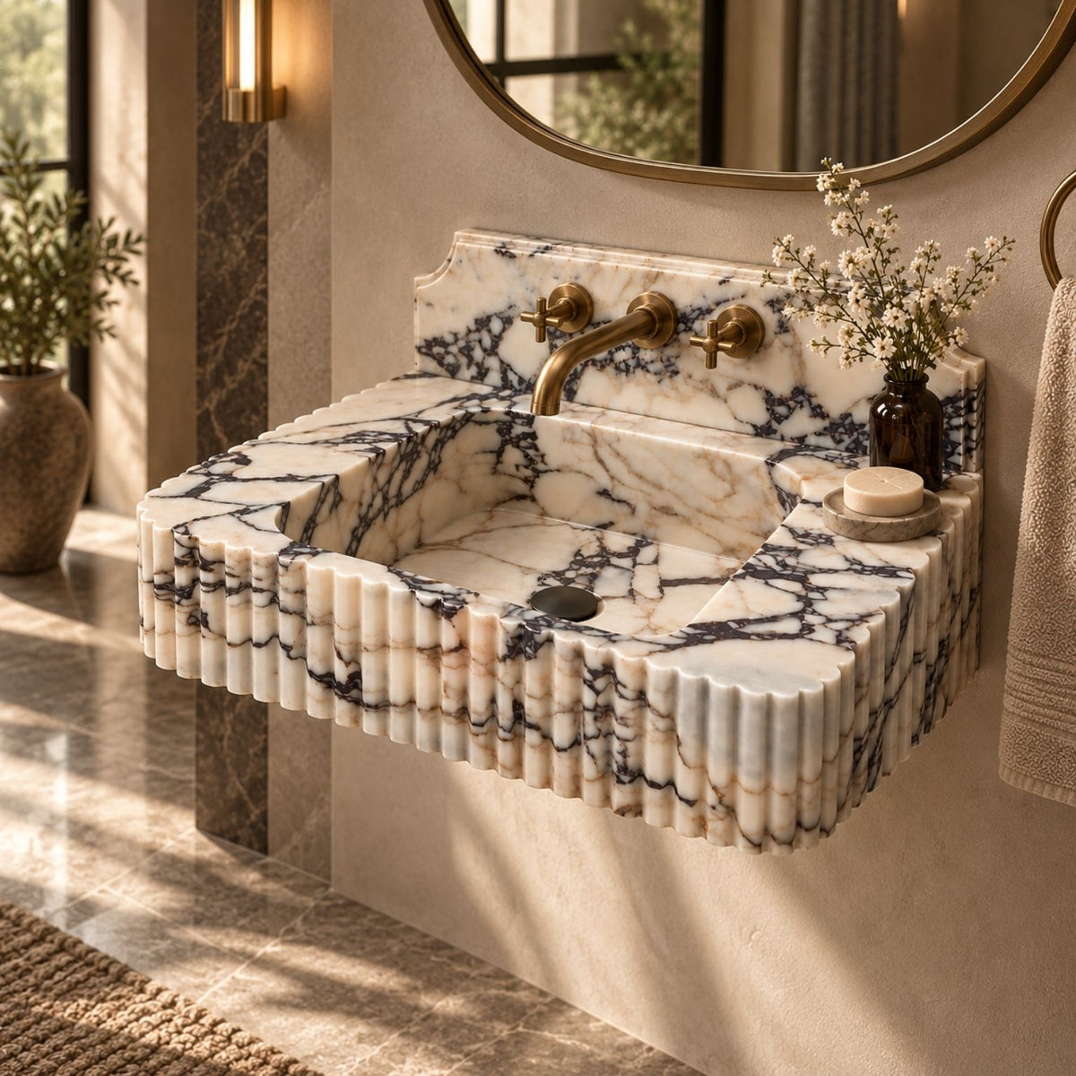 Close-up of burgundy and charcoal veining across the natural marble basin