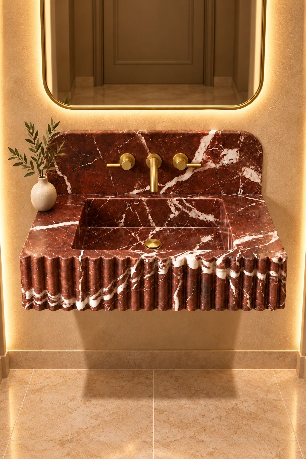 Modern luxury powder room sink made from Rosso Levanto marble with customizable backsplash and faucet holes