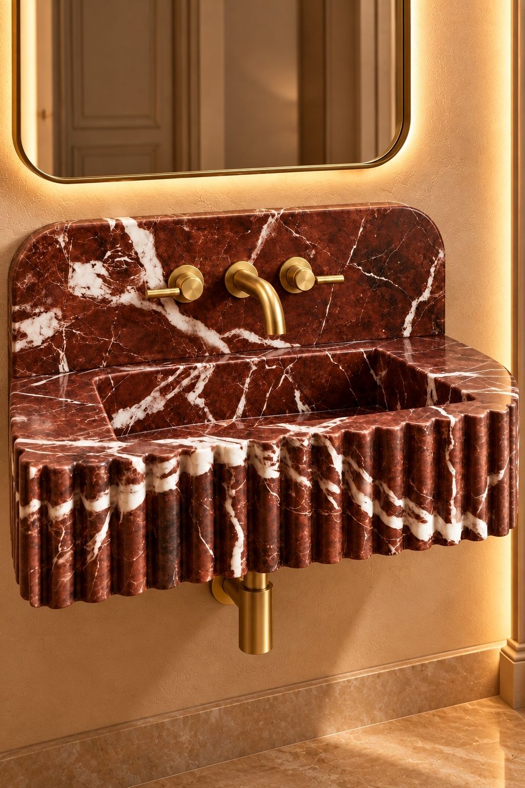 Bespoke wall hung Rosso Levanto marble vanity sink with sculptural ribbed detailing by Taja Design Atelier