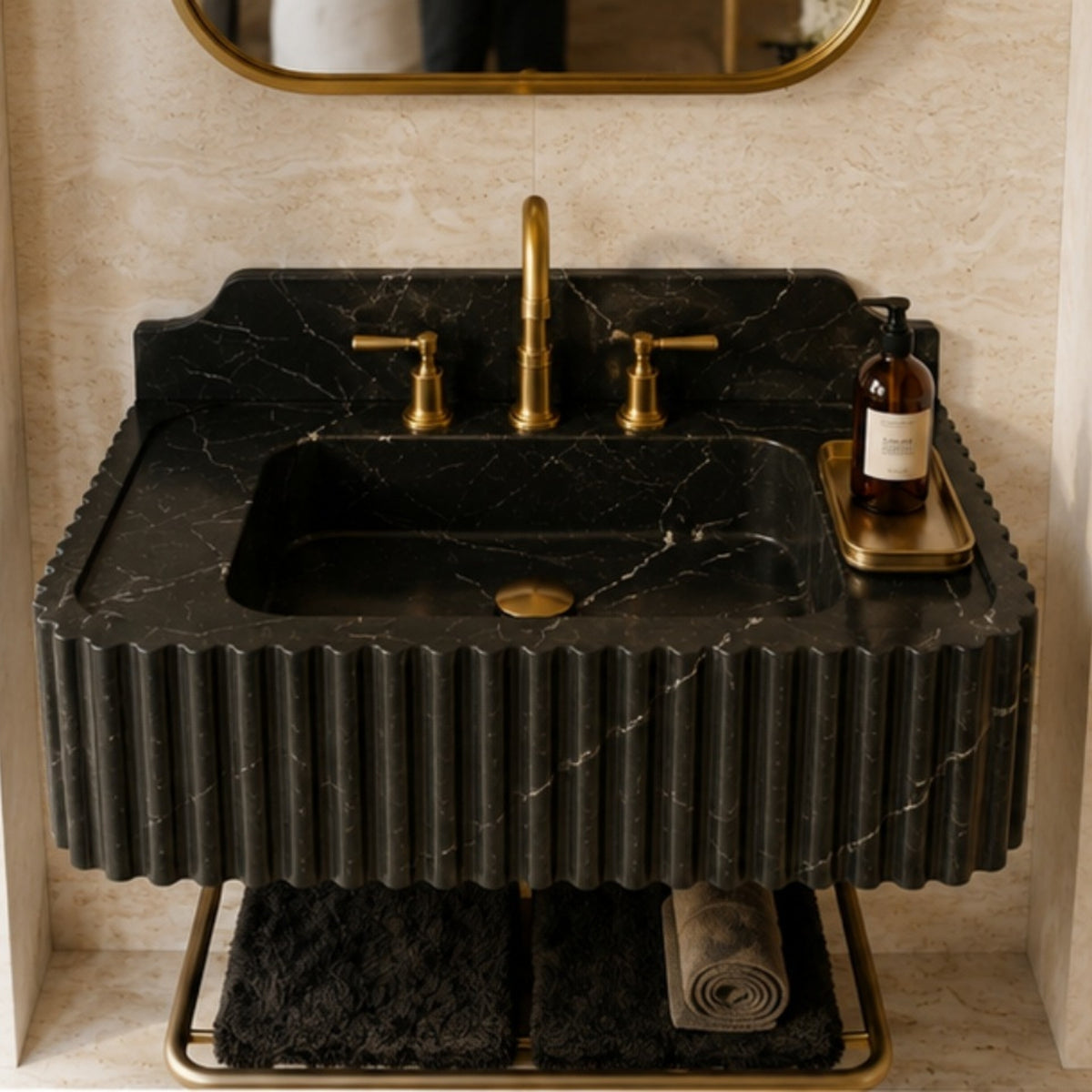 Taurus Black Marble Wall Mounted Sink – Fluted Floating Vanity with Backsplash