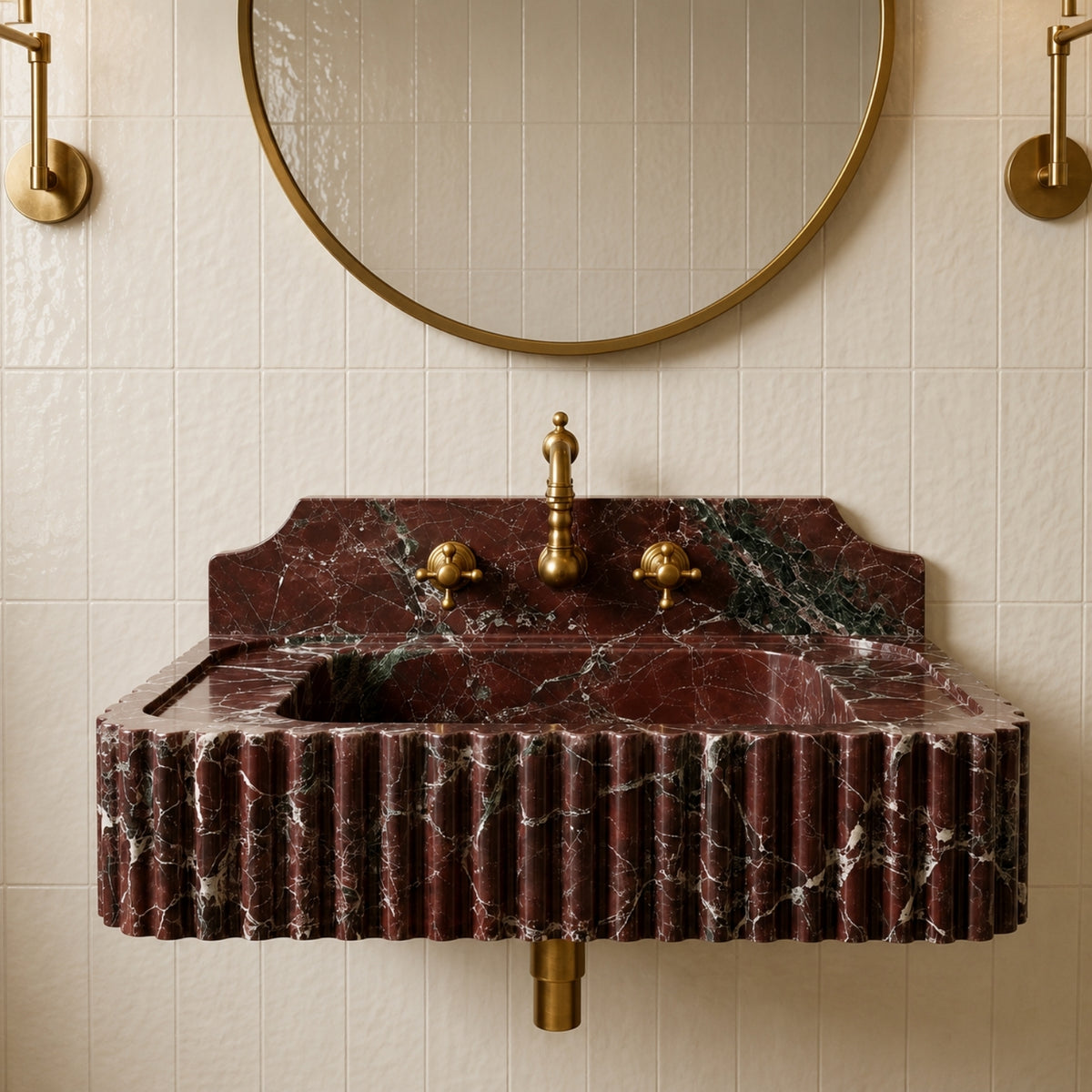 Rosso Levanto Marble Wall Mounted Sink – Fluted Floating Vanity with Backsplash