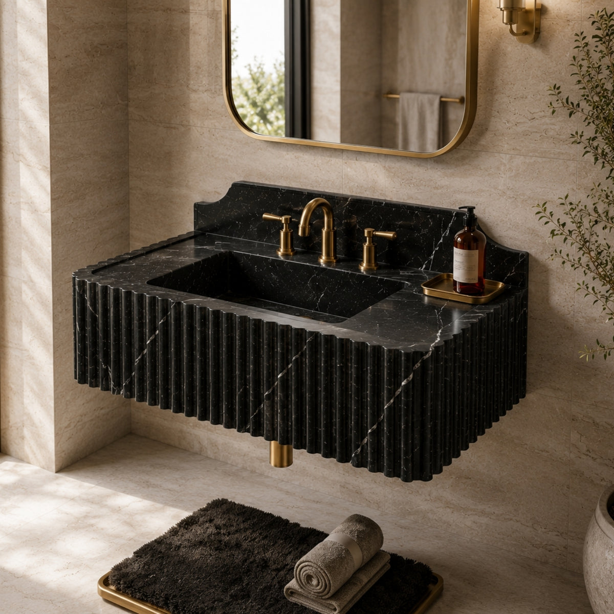 Taurus Black Marble Wall Mounted Sink – Fluted Floating Vanity with Backsplash