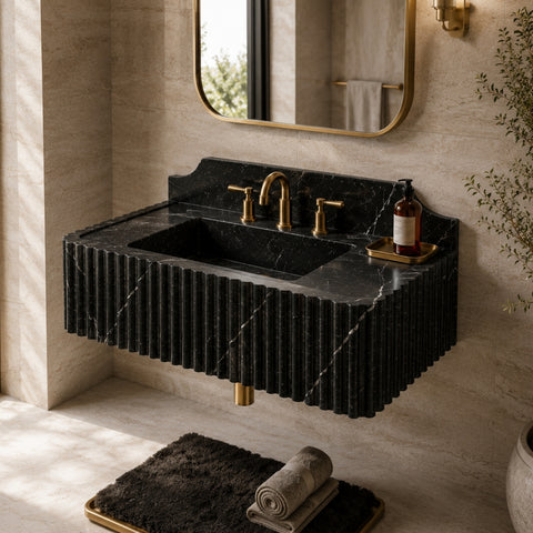 Taurus Black Marble Wall Mounted Sink – Fluted Floating Vanity with Backsplash