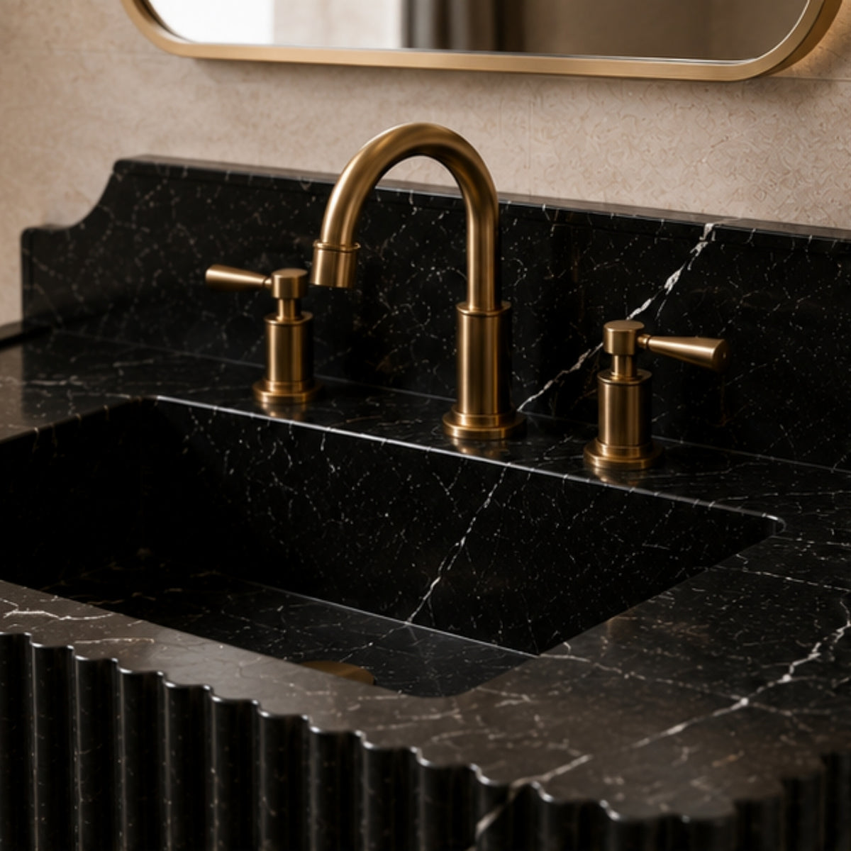 Taurus Black Marble Wall Mounted Sink – Fluted Floating Vanity with Backsplash