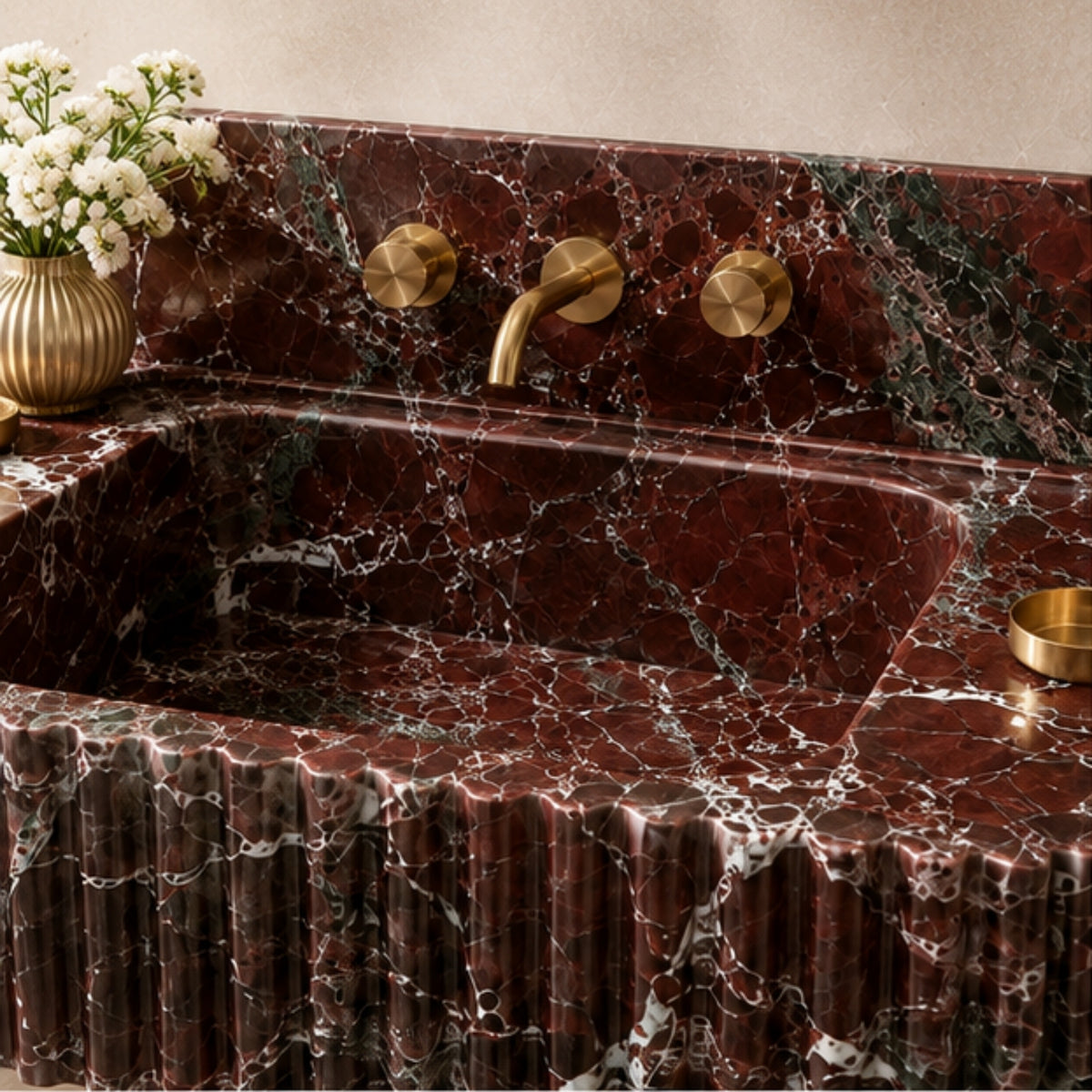 Rosso Levanto Marble Wall Mounted Sink – Fluted Floating Vanity with Backsplash