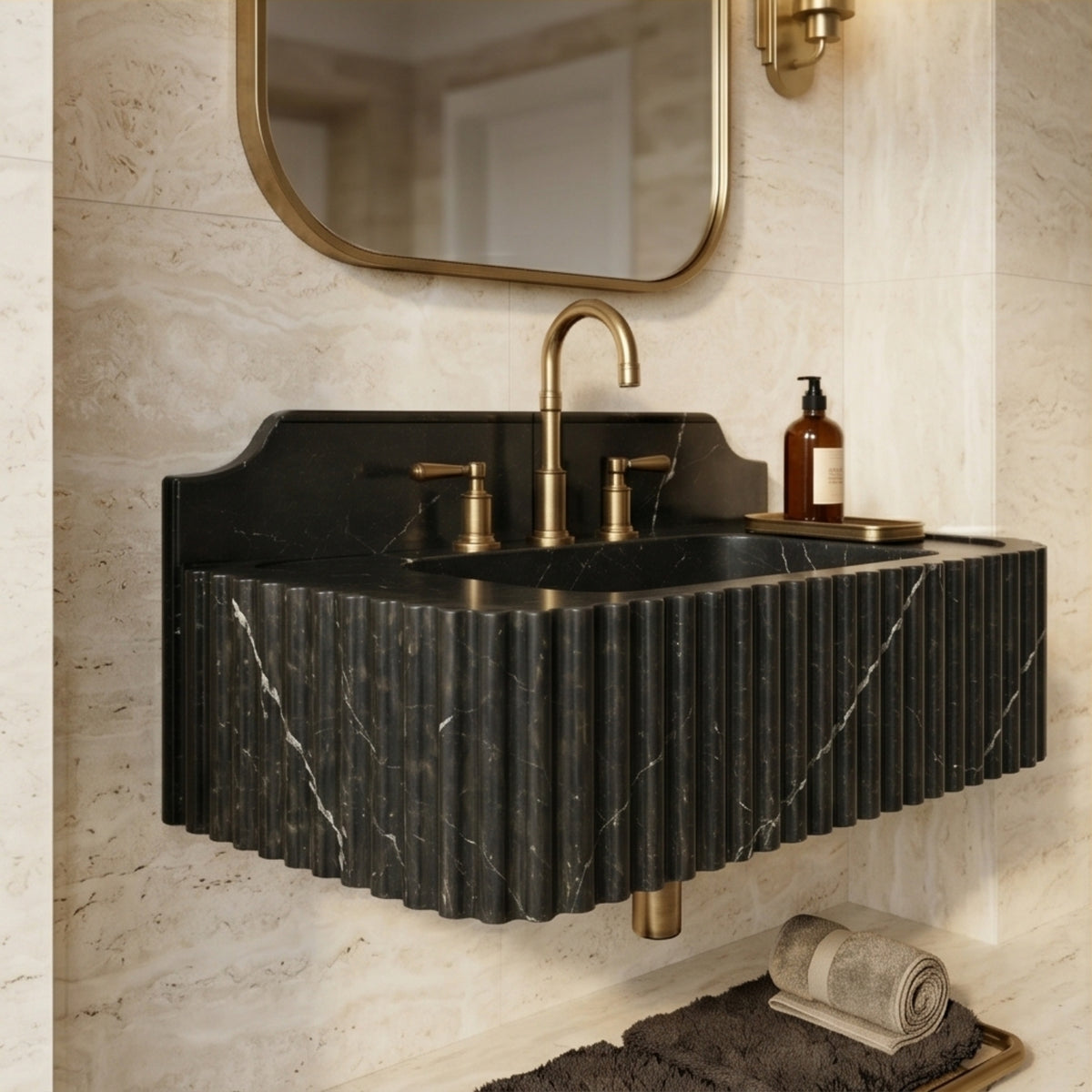 Taurus Black Marble Wall Mounted Sink – Fluted Floating Vanity with Backsplash