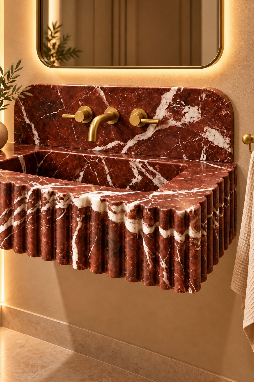 Luxury wall mounted Rosso Levanto marble sink with handcrafted vertical ribbed front and natural white veining