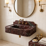 Rosso Levanto Marble Wall Mounted Sink – Fluted Floating Vanity with Backsplash