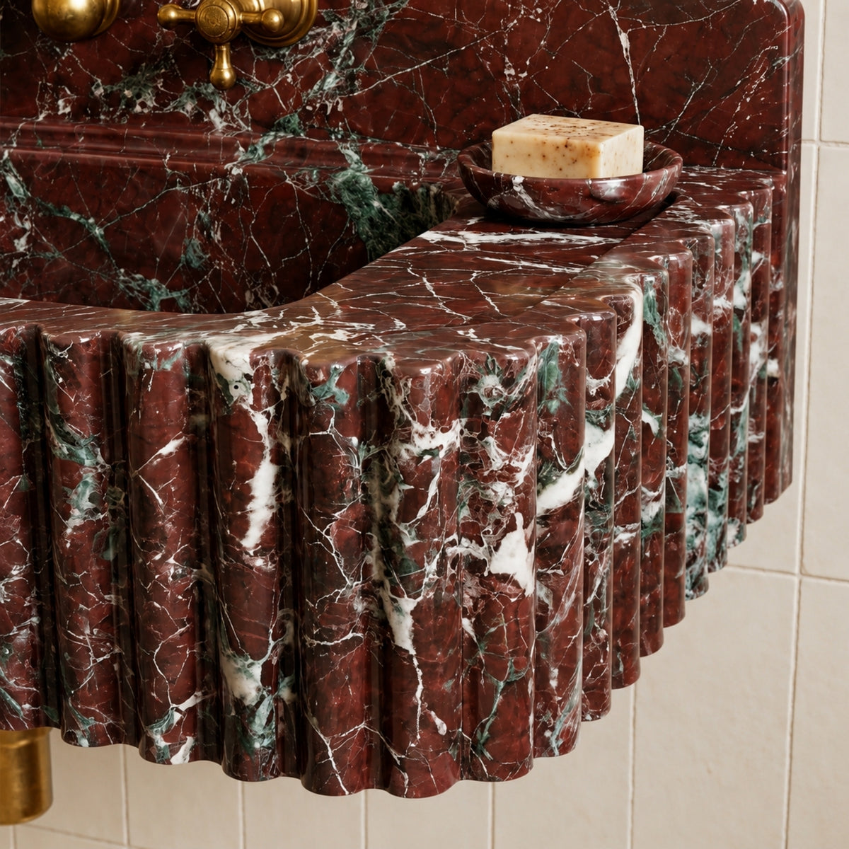 Rosso Levanto Marble Wall Mounted Sink – Fluted Floating Vanity with Backsplash