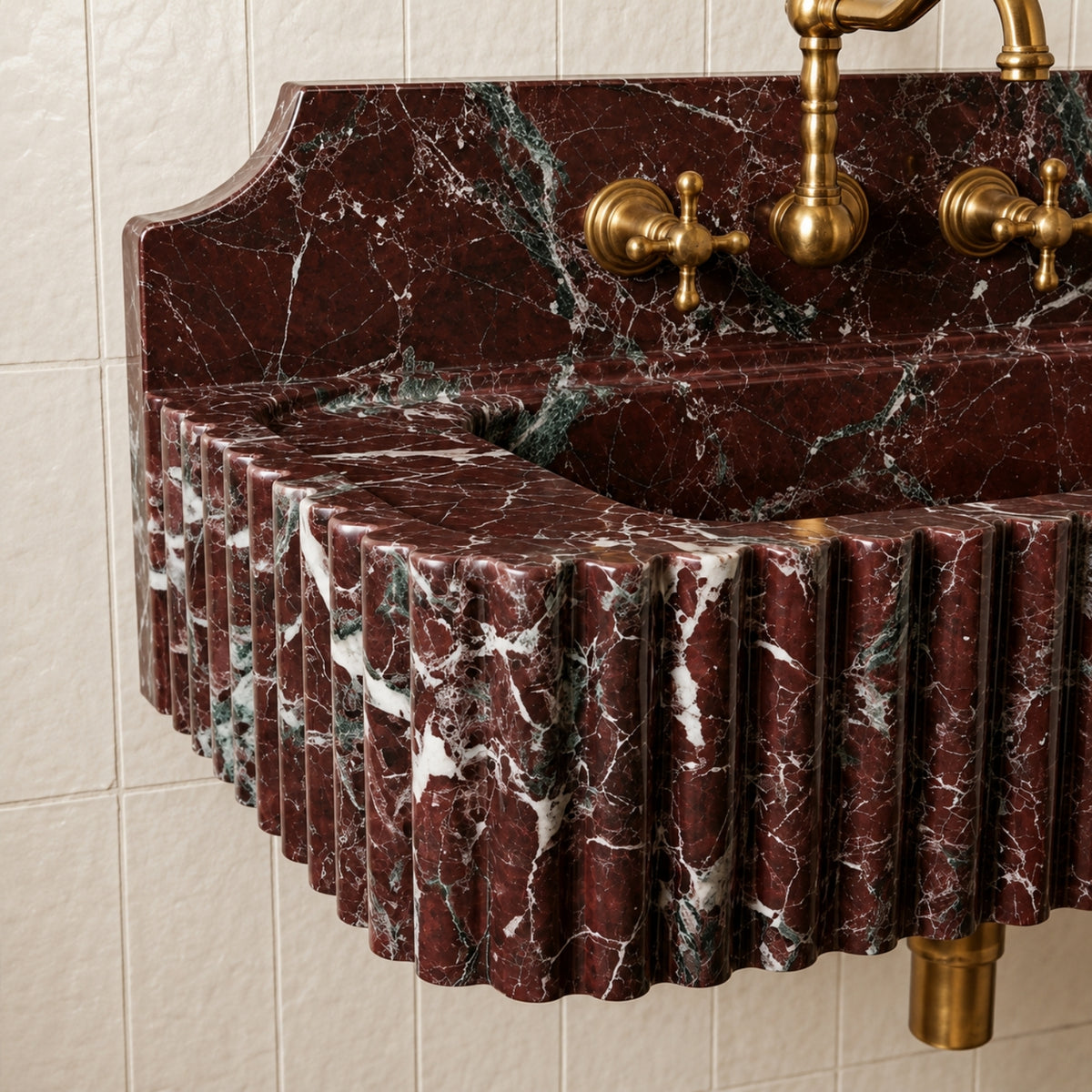 Rosso Levanto Marble Wall Mounted Sink – Fluted Floating Vanity with Backsplash